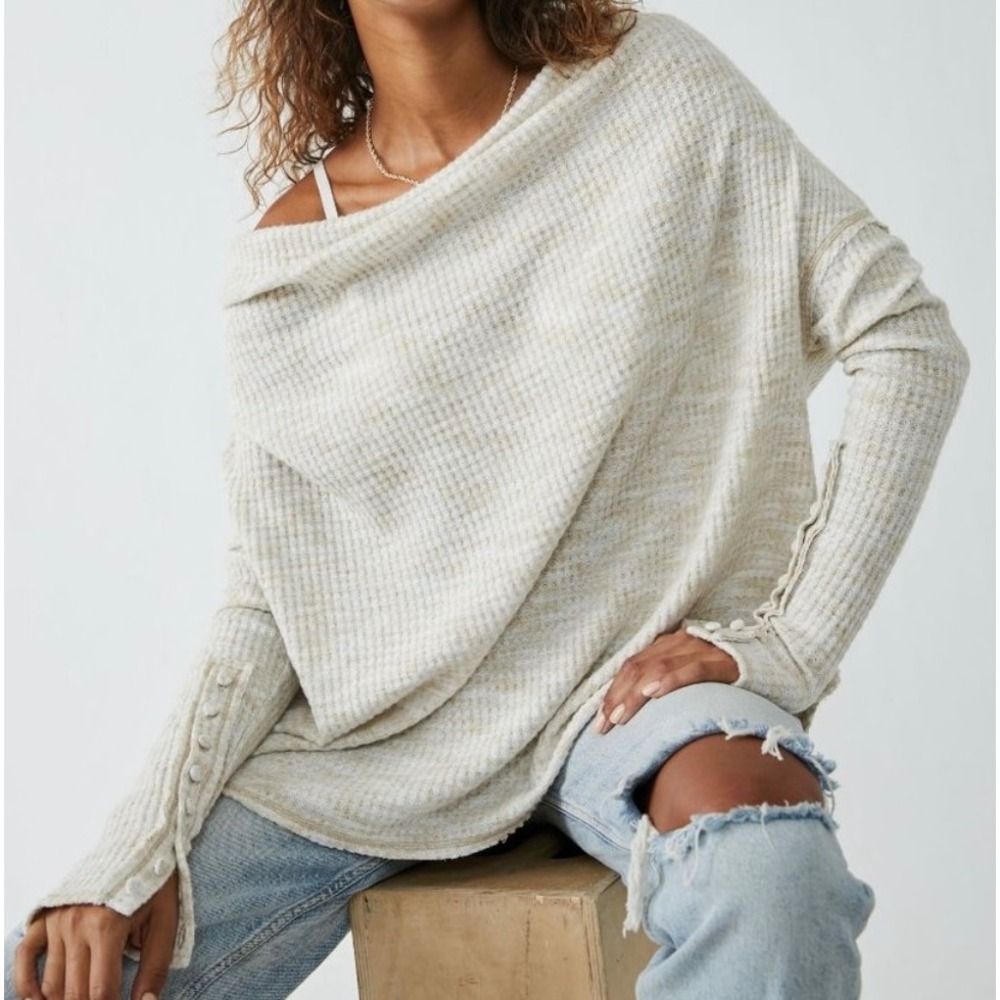 Free People Off-the-Shoulder Waffle Knit Sweater in Heather Cream